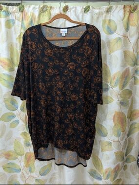 LuLaRoe Irma Tunic | Black & Copper Dandelion Print | High-Low | Size Large